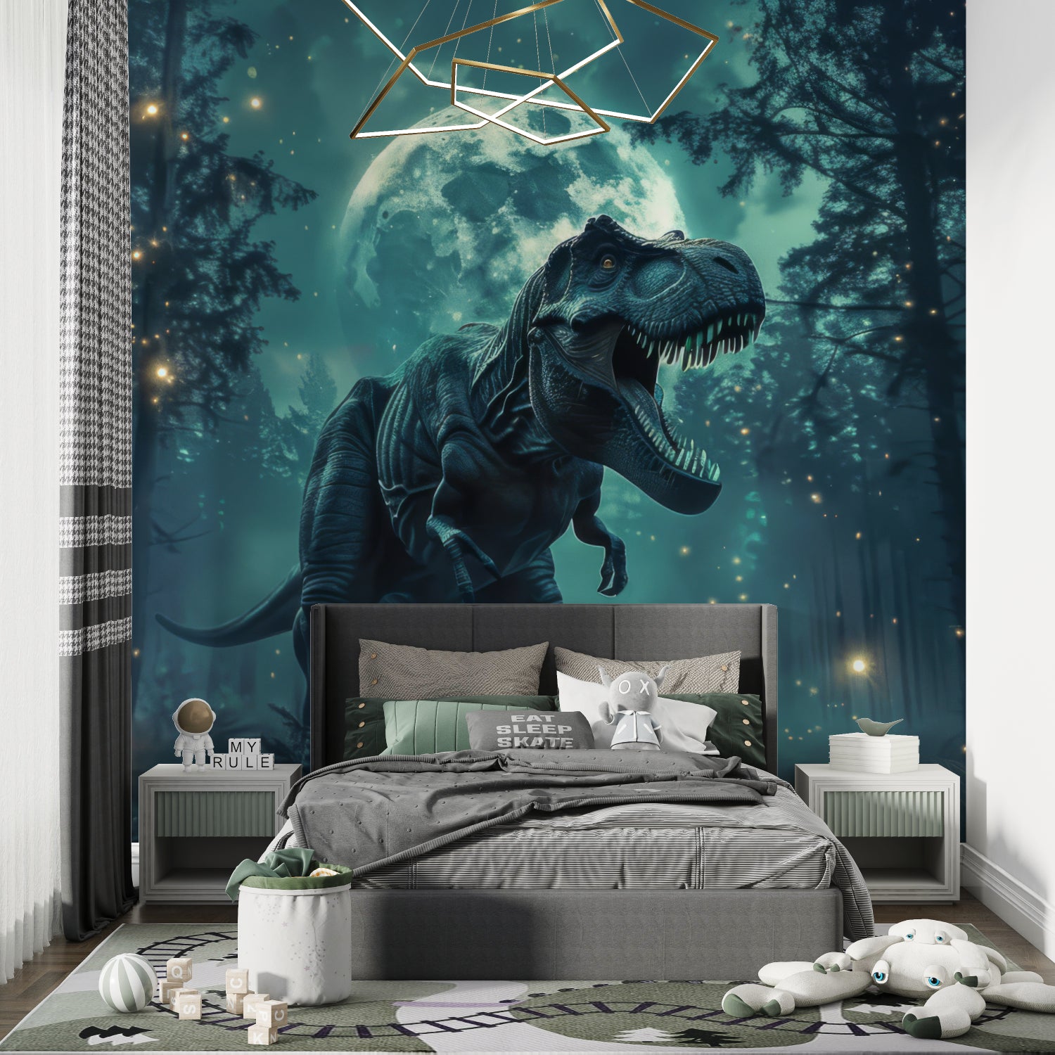 Mystical dinosaur wallpaper transforming modern nursery space