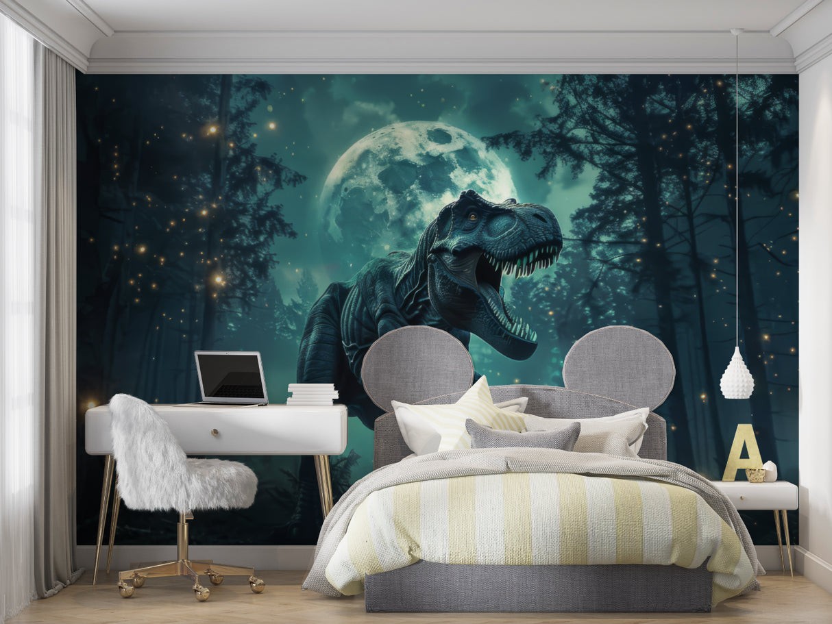 T-Rex forest mural adding depth to small bedroom
