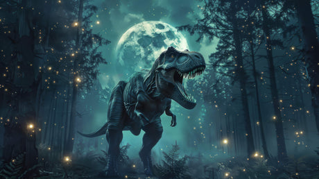 Design file showing T-Rex in moonlit forest with glowing fireflies pattern