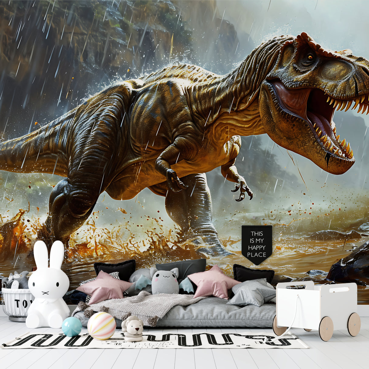 Dramatic dinosaur wallpaper creating focal point in playroom with reading nook
