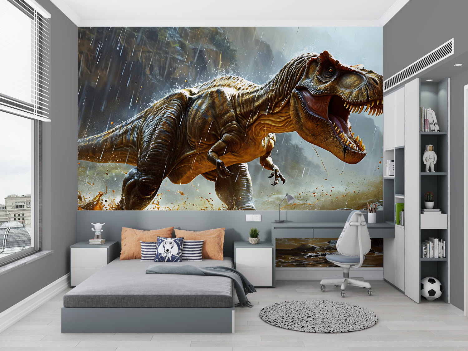 T-Rex wall mural bringing prehistoric action to gaming room setup