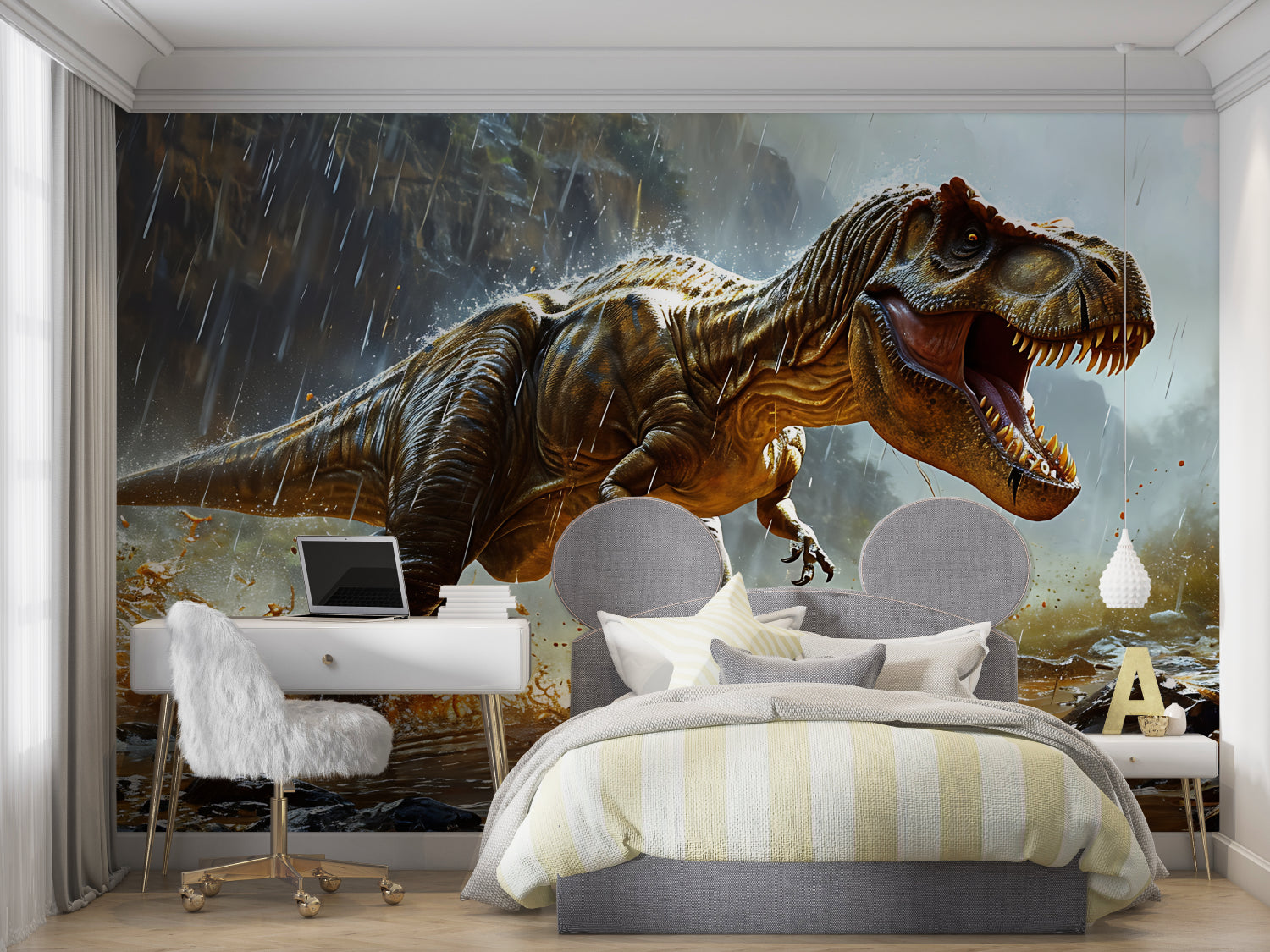 Storm scene dinosaur wallpaper transforming study area with dramatic lighting