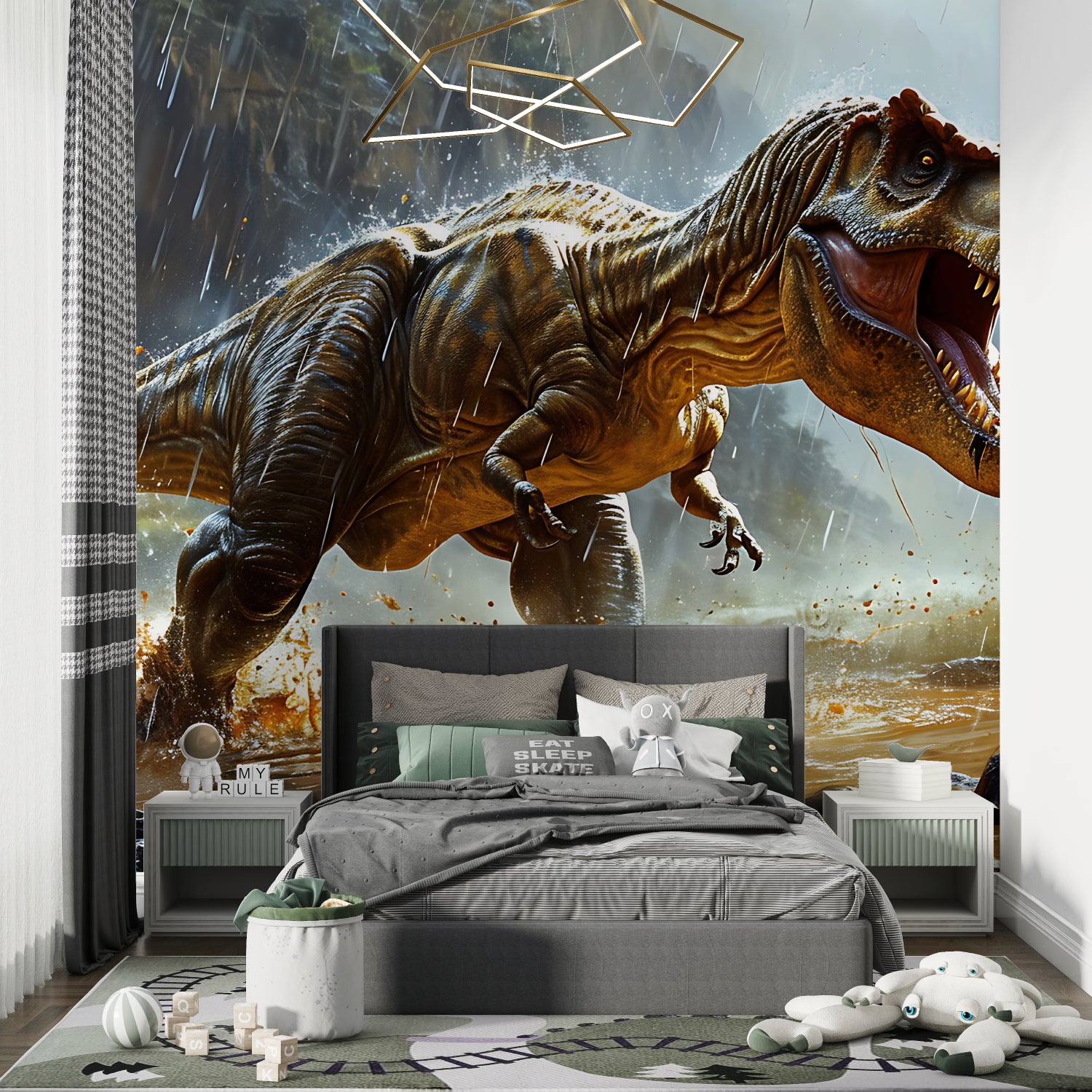Dinosaur mural installation in teen bedroom with modern furniture