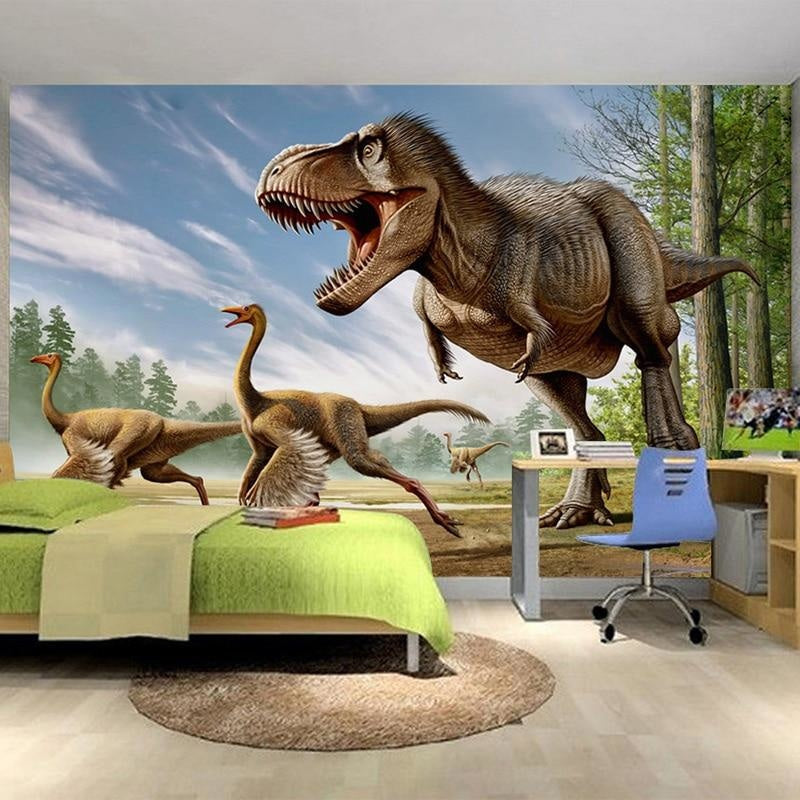 Dinosaur mural wallpaper with T-Rex scene bringing adventure to a modern kids bedroom with blue and green decor
