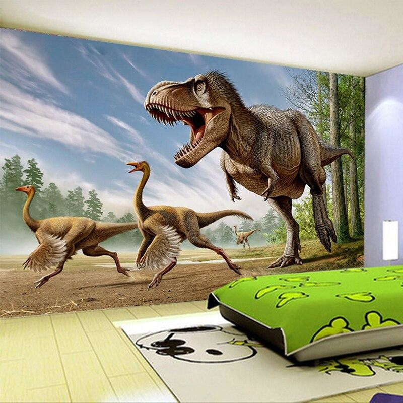 T-Rex forest wallpaper creating depth in a playroom with natural lighting and wooden furniture