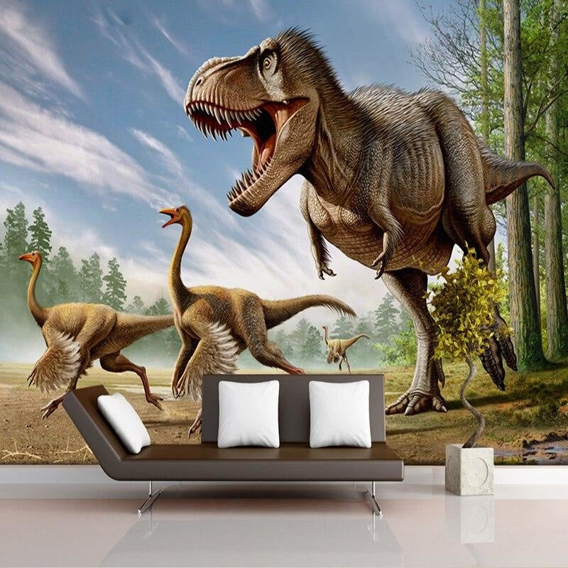Dinosaur wall mural displayed in a study room showing scale and dramatic forest details