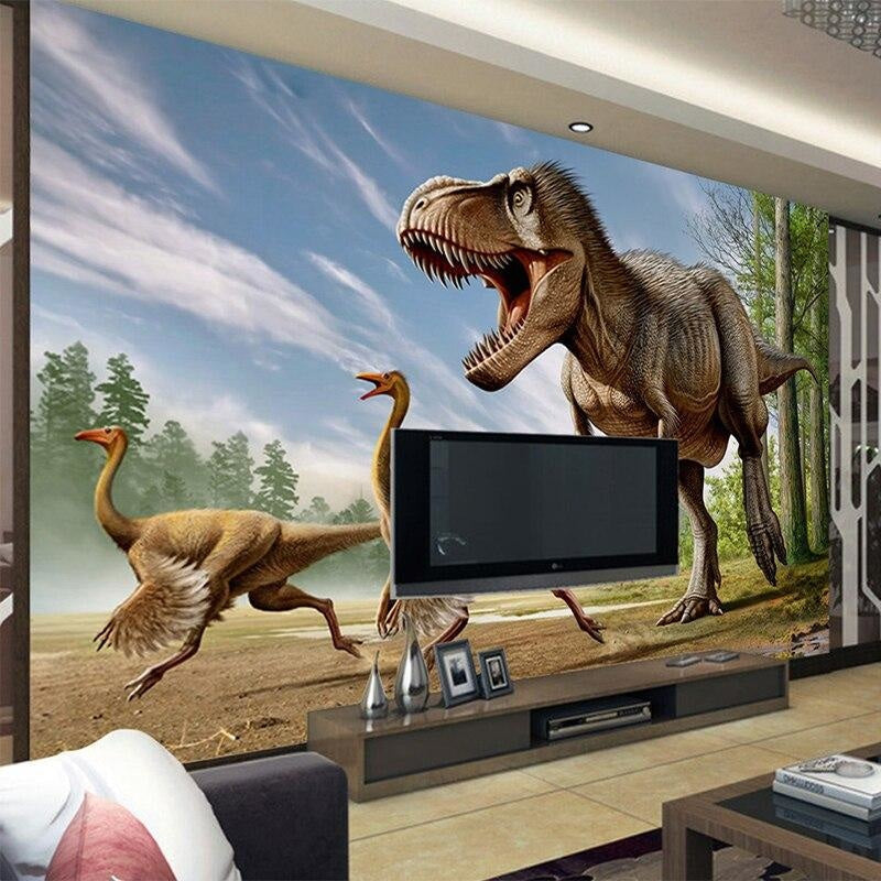 Jurassic forest mural in a child's reading nook with cozy seating and warm lighting