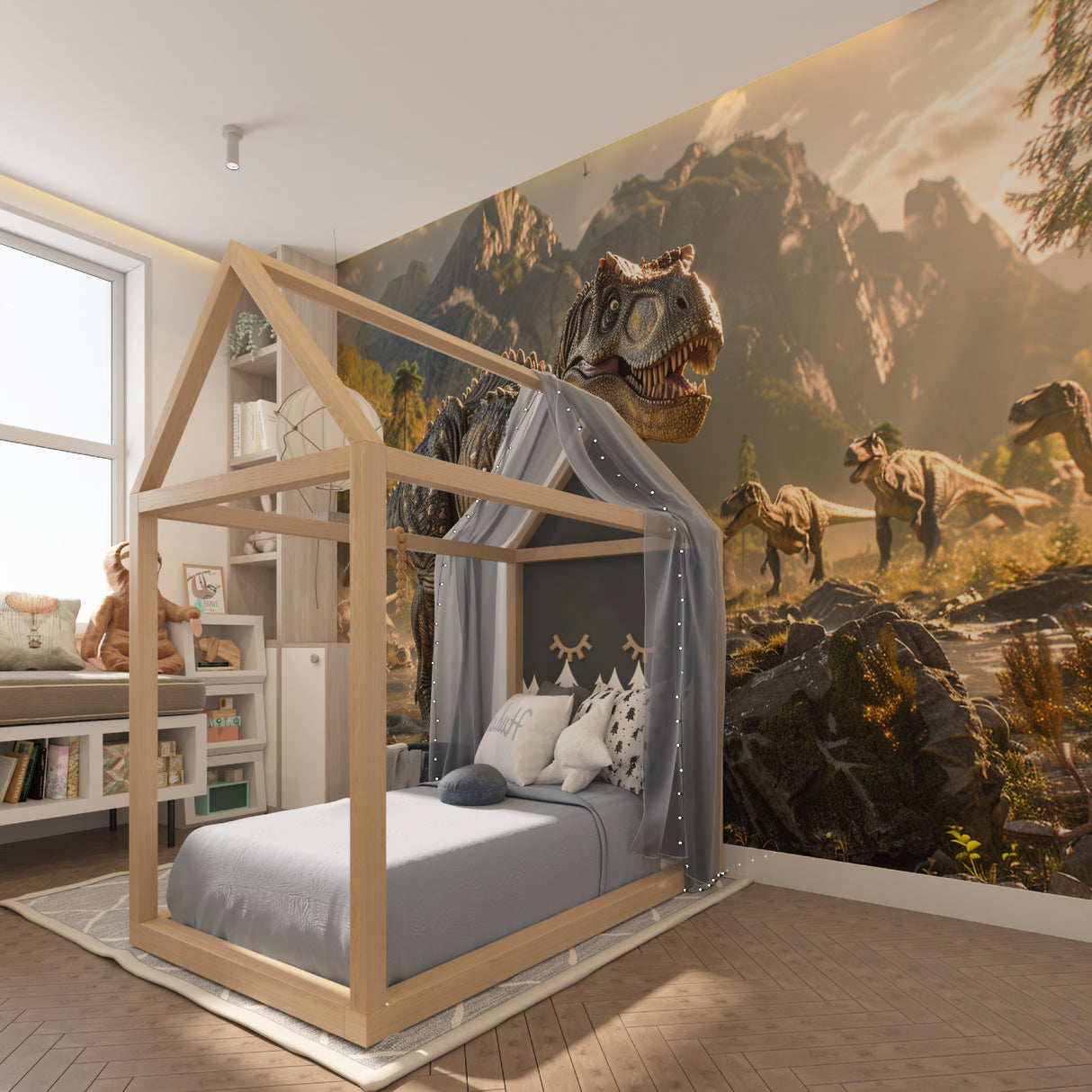 T-Rex wall mural creating dramatic impact in a playroom with mountain scenery