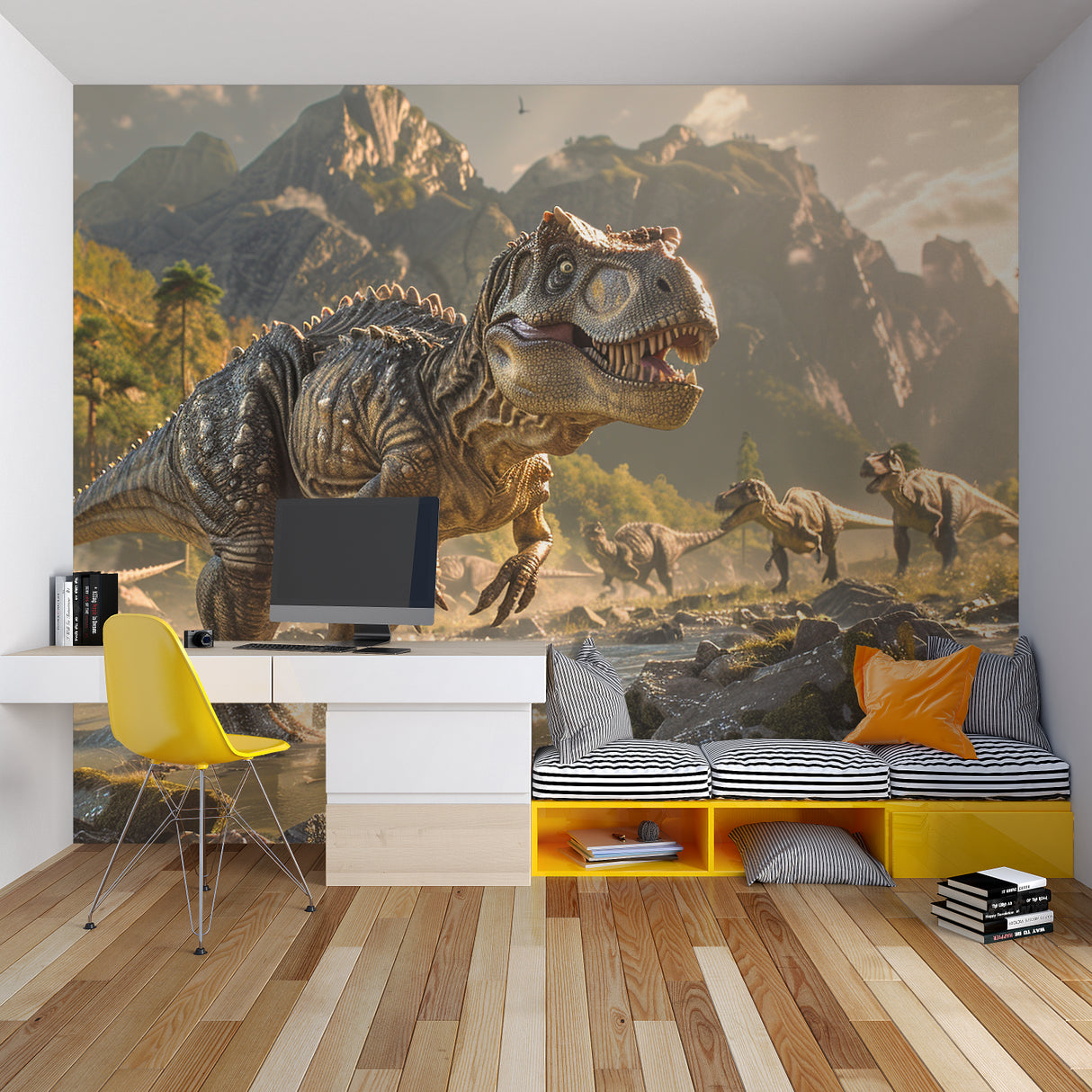 Jurassic wallpaper transforming a study area with dynamic T-Rex design