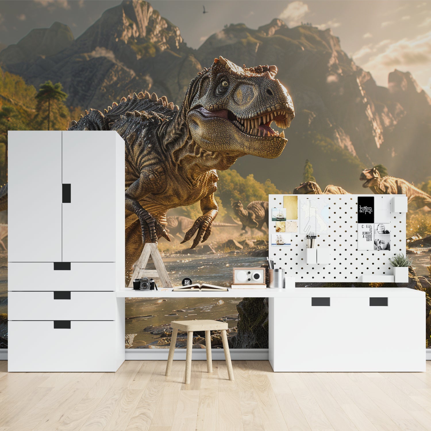 Dinosaur mountain scene mural adding depth to a teen bedroom