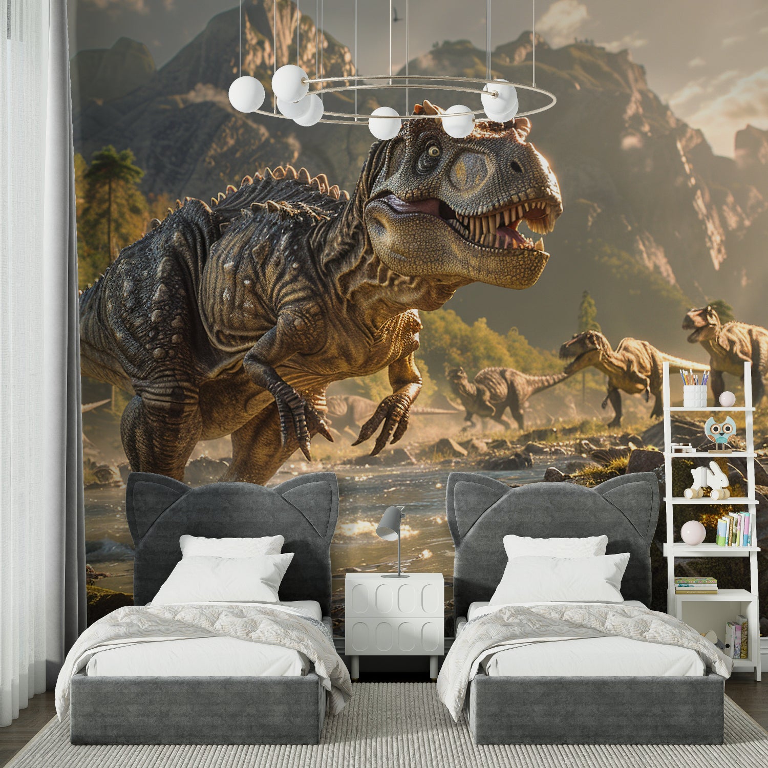 T-Rex wallpaper making a statement in a modern family room