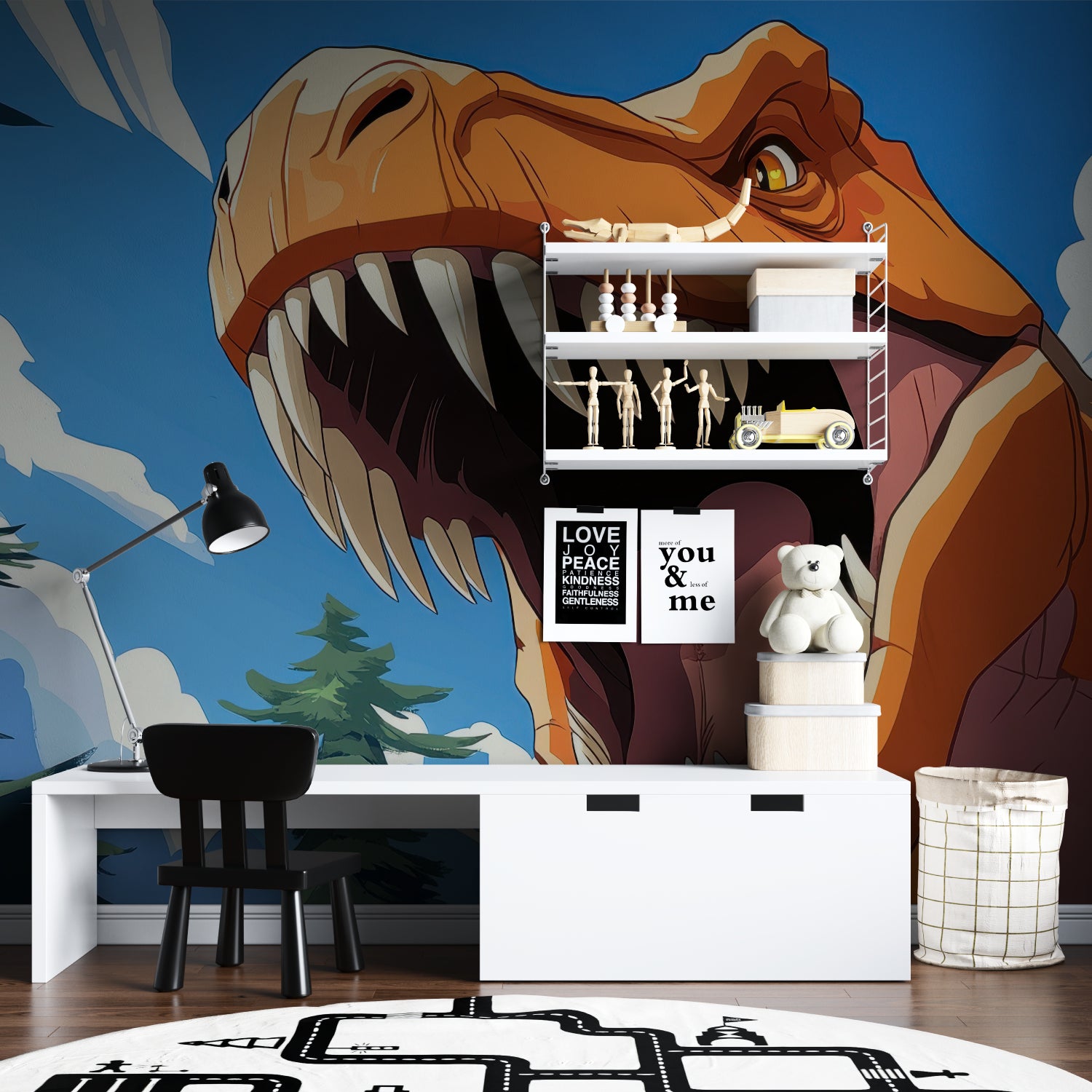 T-Rex wall mural creating focal point in playroom with educational toys