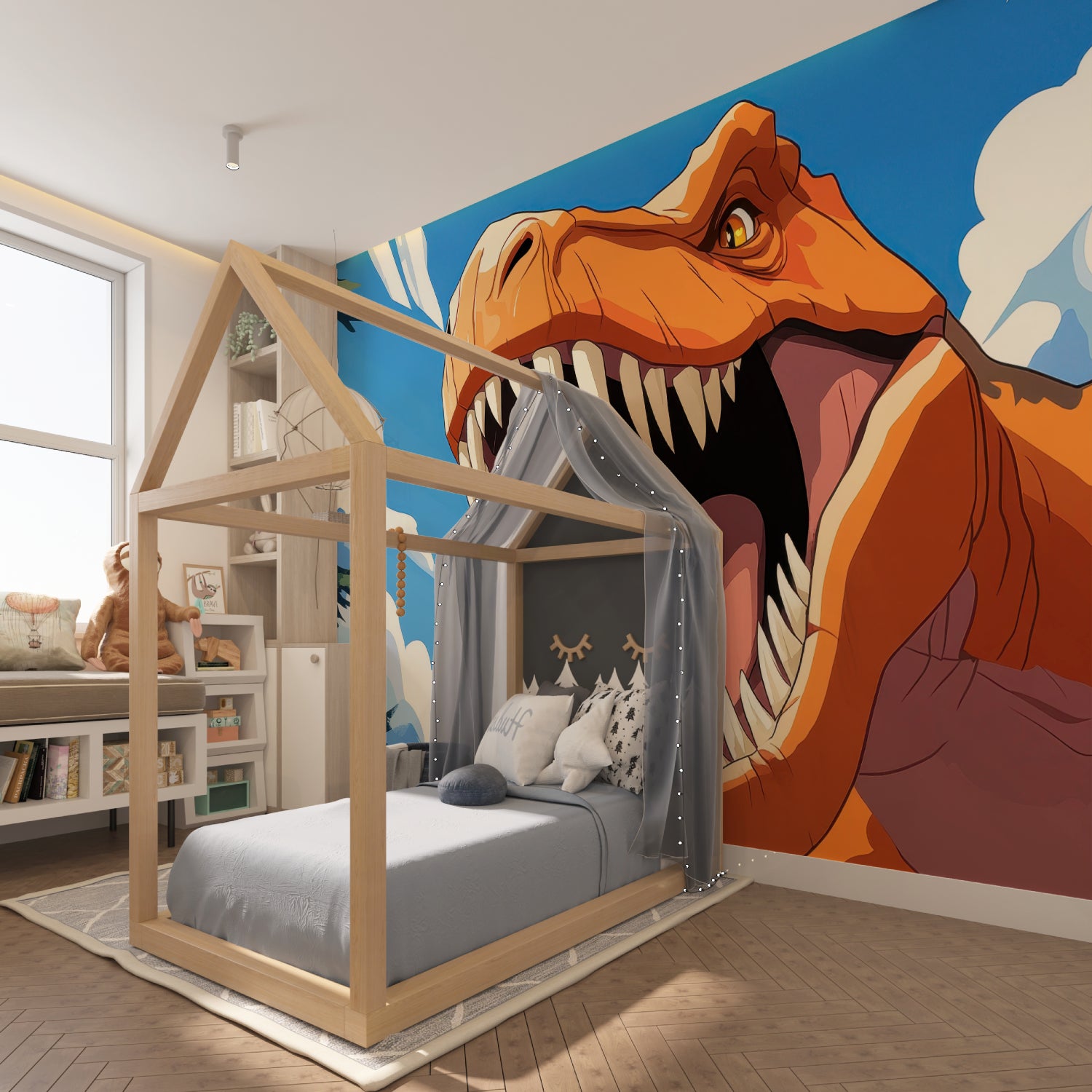 Dinosaur wall mural brightening teen gaming room with orange and blue theme