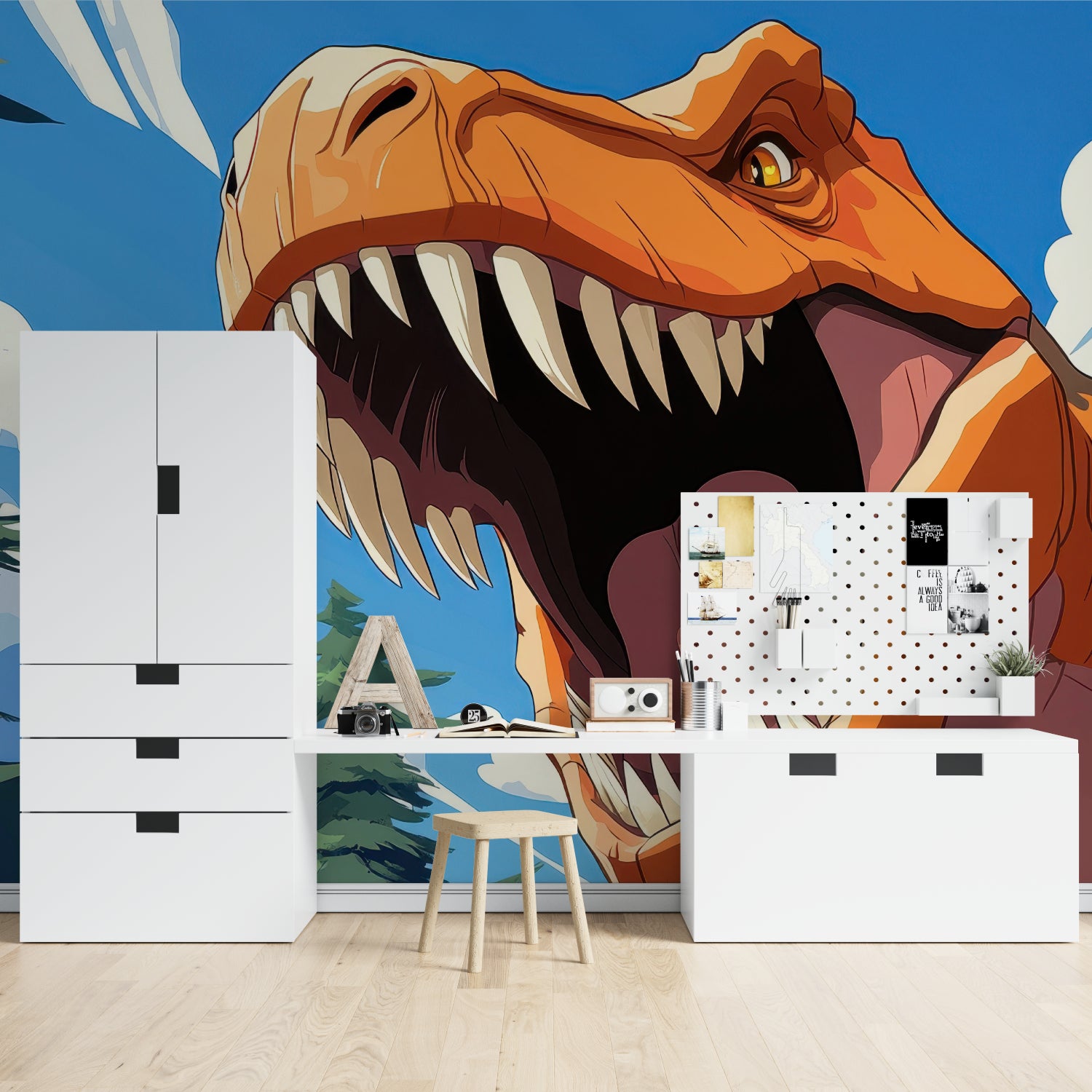 T-Rex wallpaper design adding character to study space with modern furniture