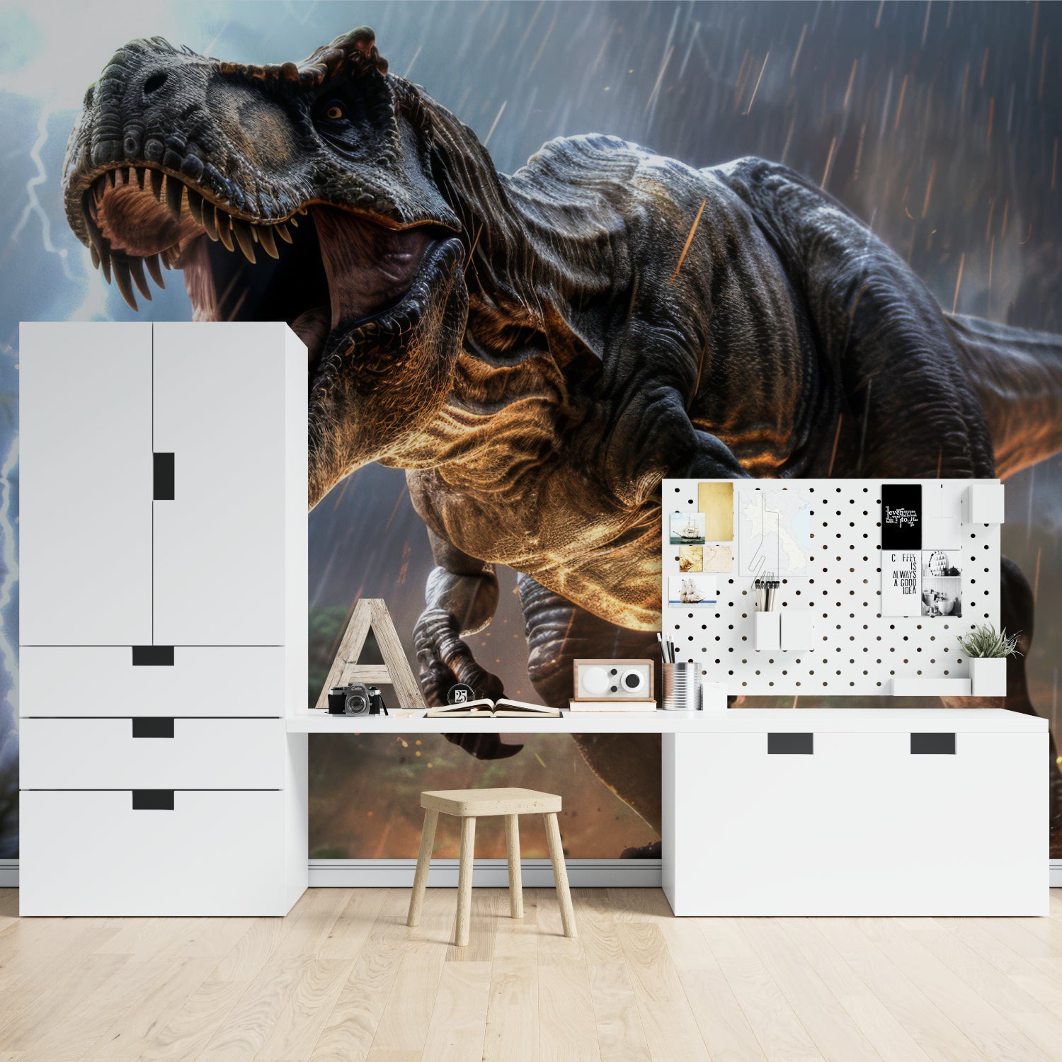 Dramatic dinosaur wallpaper transforming study area with storm effects