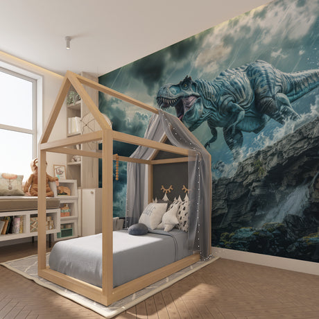 Dinosaur wall mural bringing prehistoric adventure to a modern kids bedroom with dramatic T-Rex design