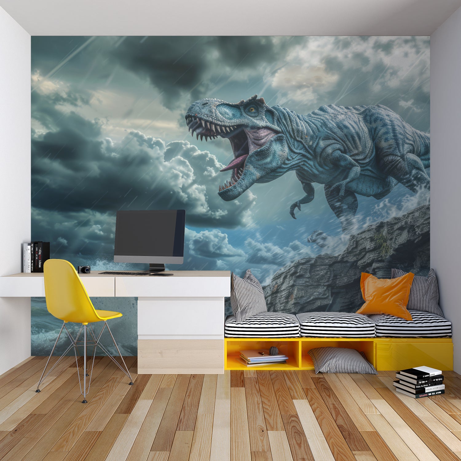 T-Rex wallpaper creating an immersive play space in a child's gaming room