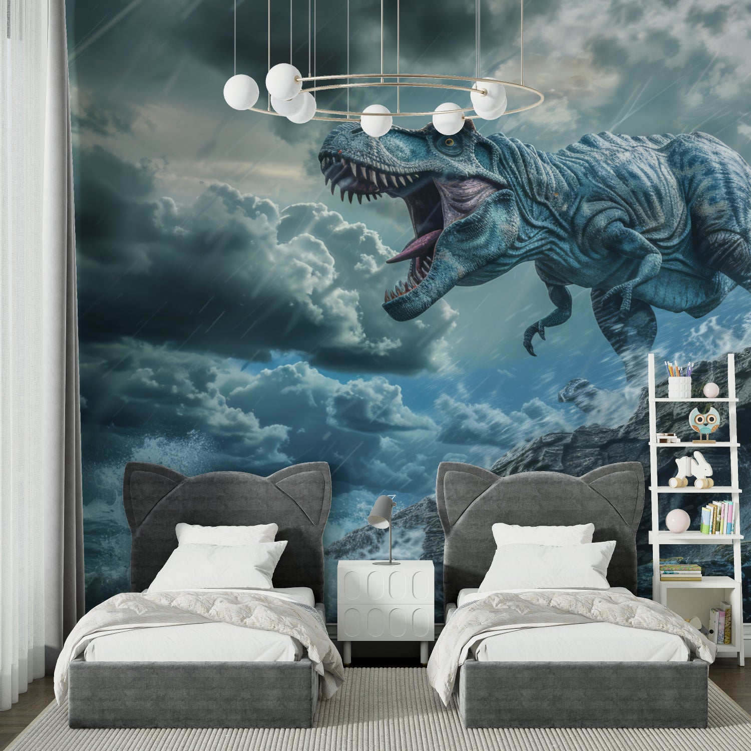 Dinosaur mural wallpaper transforming a home office into a prehistoric themed workspace