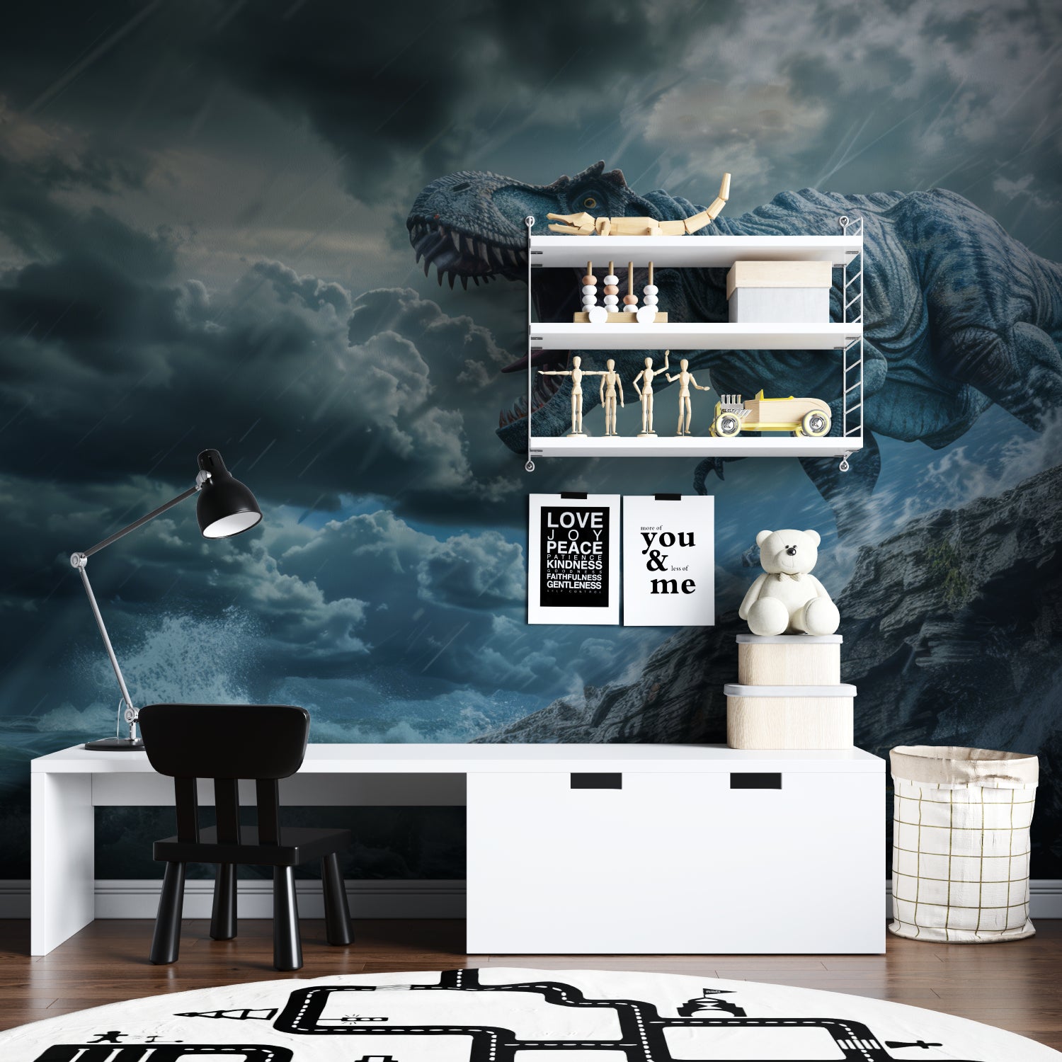 T-Rex storm scene mural adding drama to a teen's study area