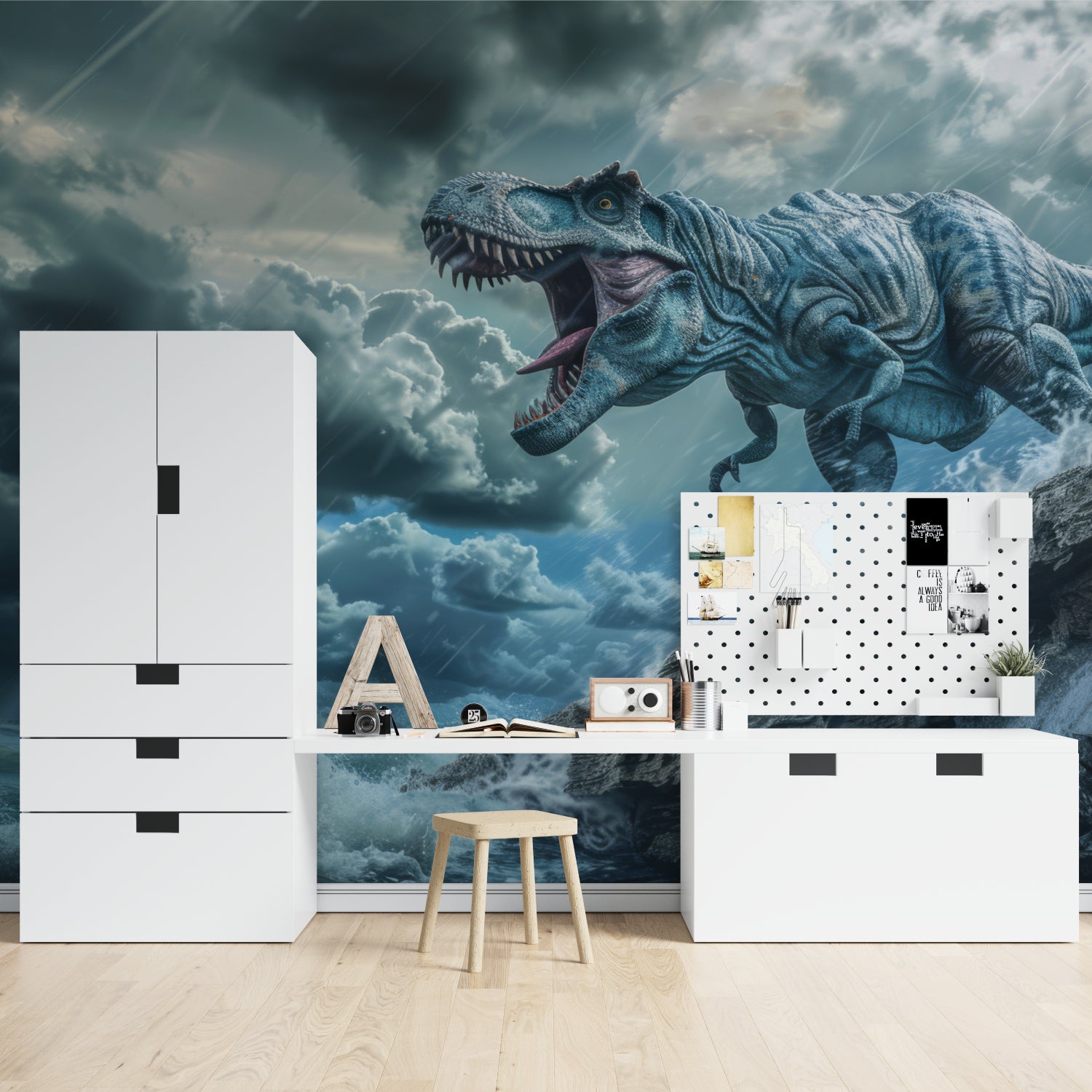 Dinosaur wallpaper installation showcasing scale in a modern playroom setting