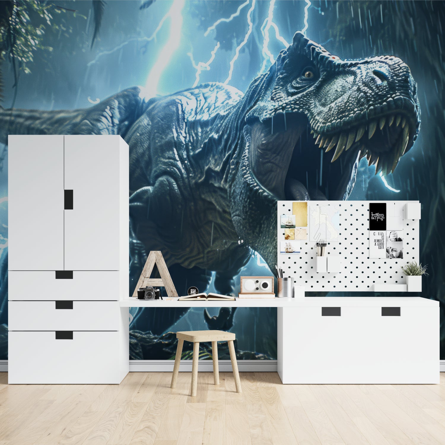 Dramatic dinosaur mural with lightning effects energizing a media room