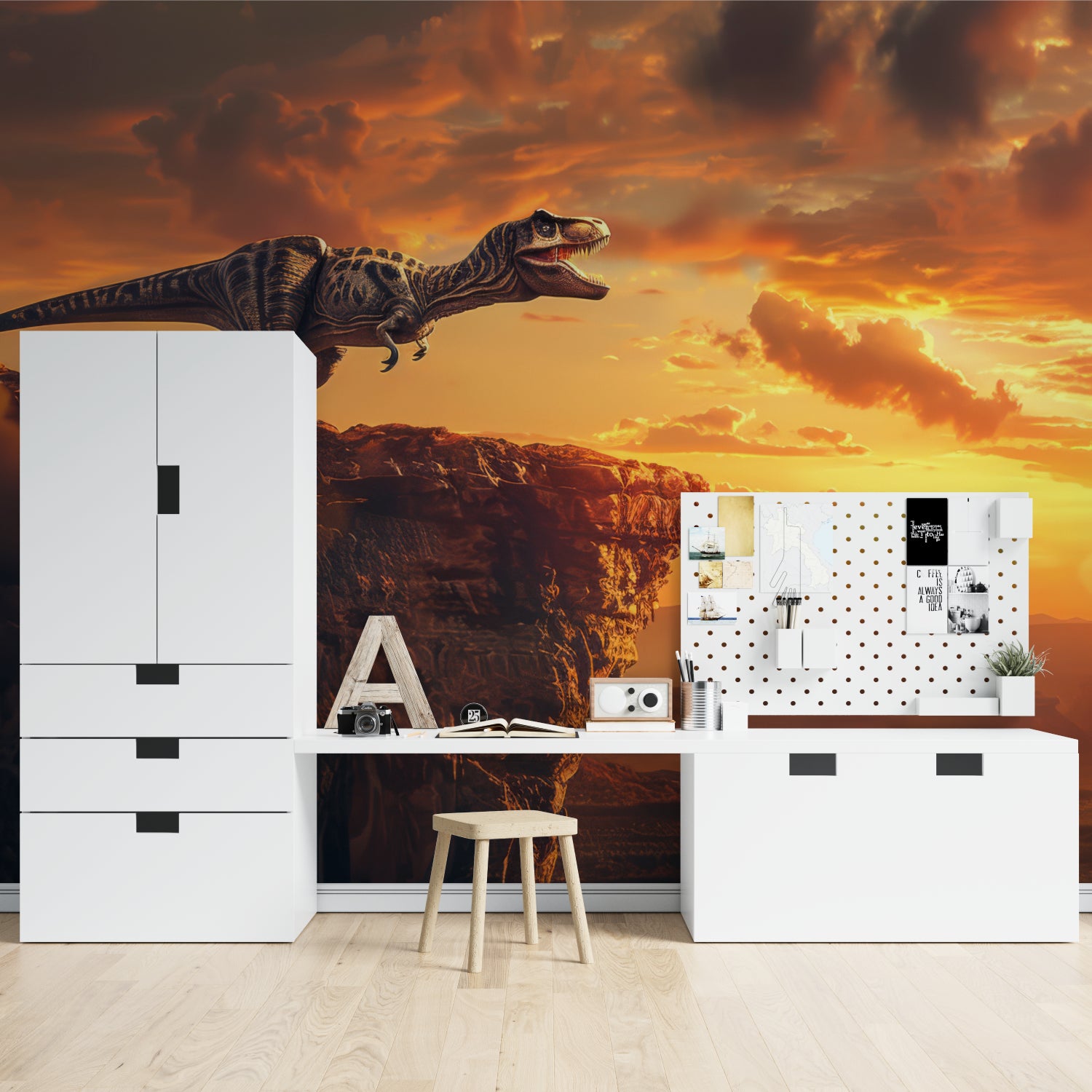 Dinosaur mural installation showing scale in game room with dramatic lighting