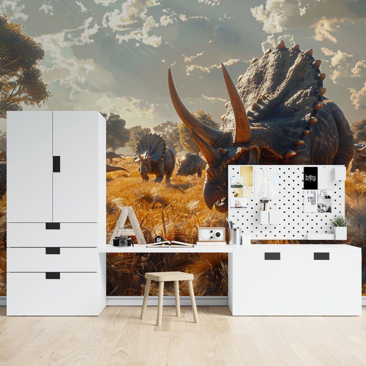 Study room featuring Jurassic wall mural with dramatic sky and grasslands