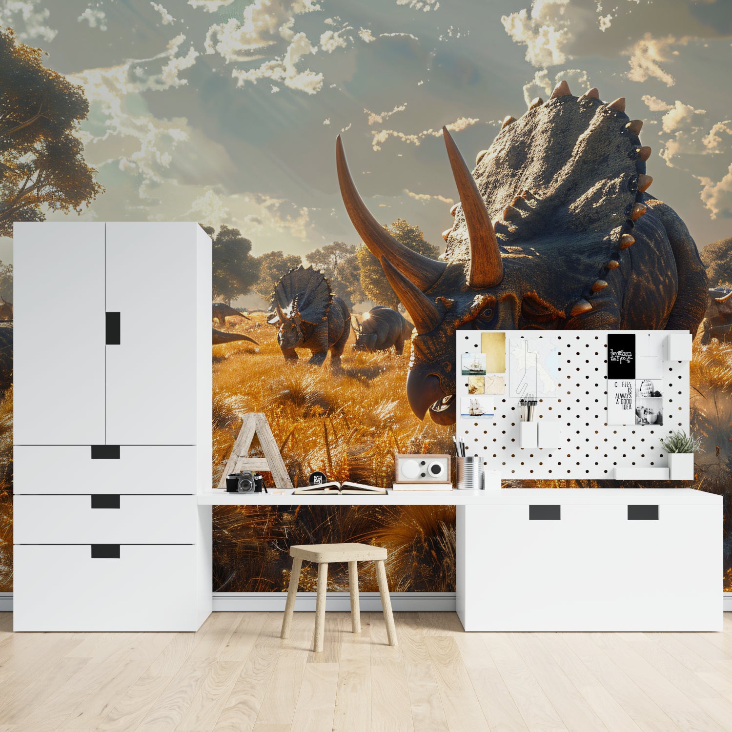 Study room featuring Jurassic wall mural with dramatic sky and grasslands
