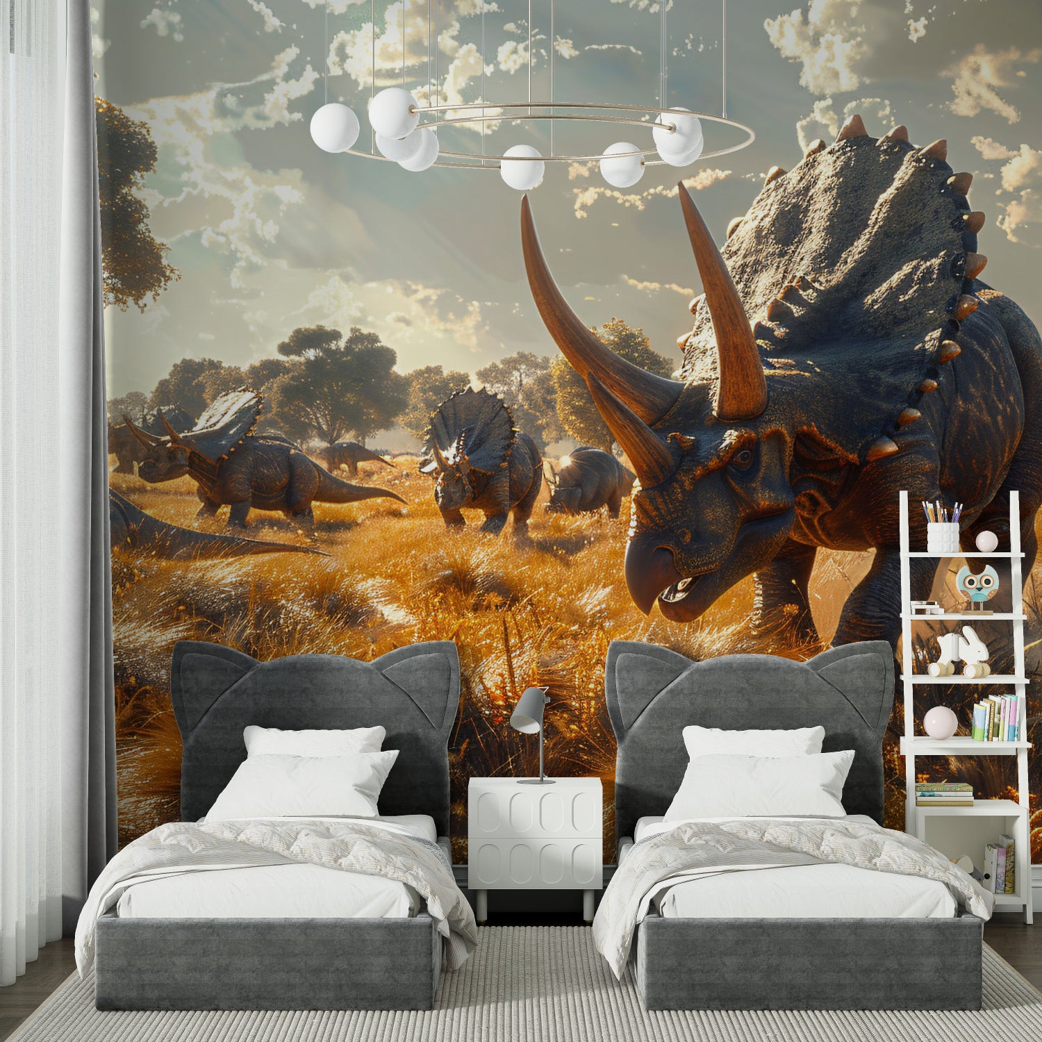Game room showcase of Triceratops dinosaur wallpaper in warm lighting