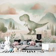 Dinosaur wall mural bringing prehistoric charm to a modern kids bedroom, gentle T-Rex design in watercolor style