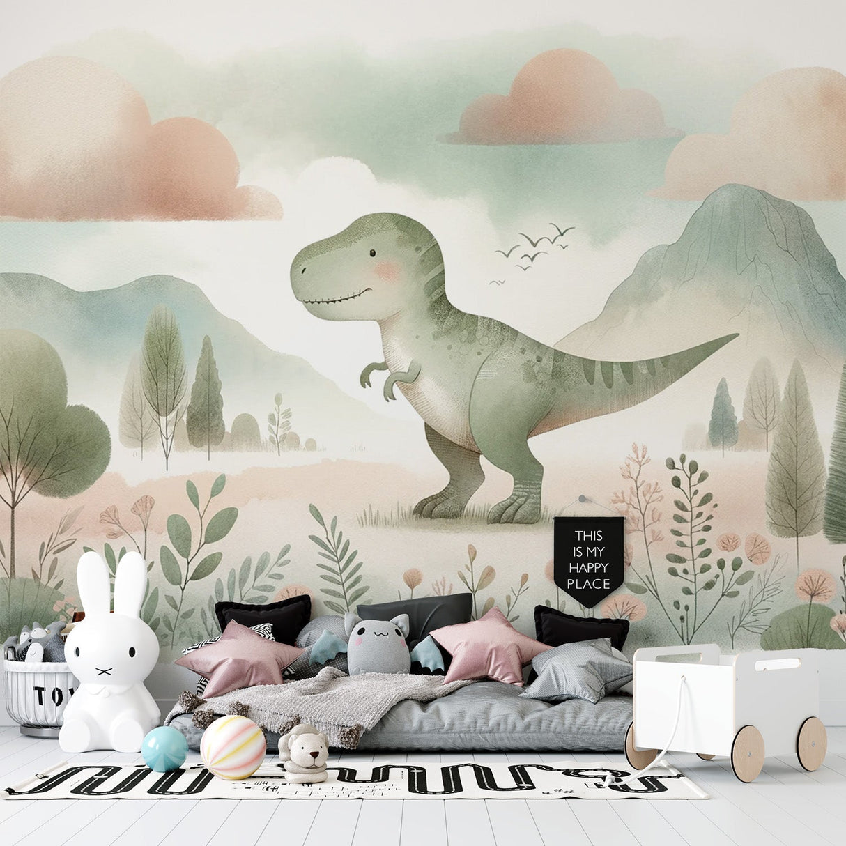 Dinosaur wall mural bringing prehistoric charm to a modern kids bedroom, gentle T-Rex design in watercolor style