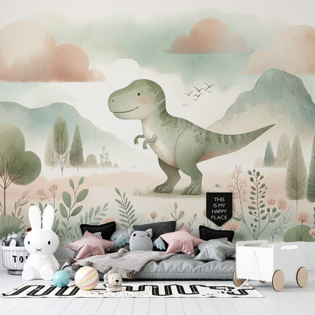 Dinosaur wall mural bringing prehistoric charm to a modern kids bedroom, gentle T-Rex design in watercolor style