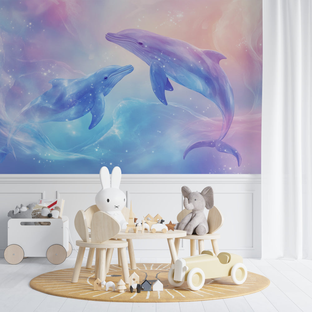 Dolphin mural wallpaper creating magic in a modern kids bedroom with soft blue lighting