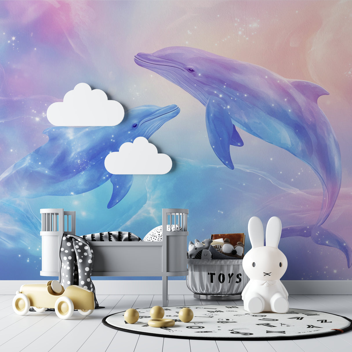 Ocean fantasy wallpaper transforming a nursery with gentle dolphin design