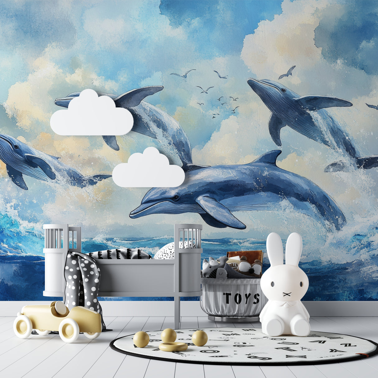 Dolphin wall mural bringing ocean vibes to a modern living room with blue accents