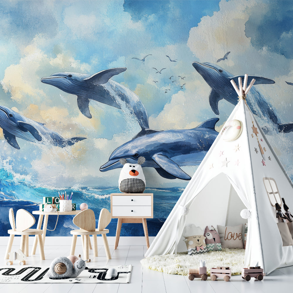 Ocean mural with dolphins creating a peaceful atmosphere in a child's bedroom