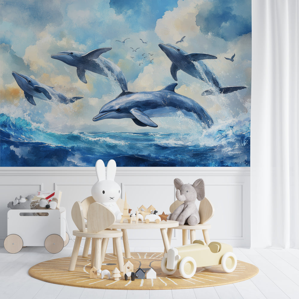 Marine life wallpaper featuring dolphins in a coastal-themed bathroom setting