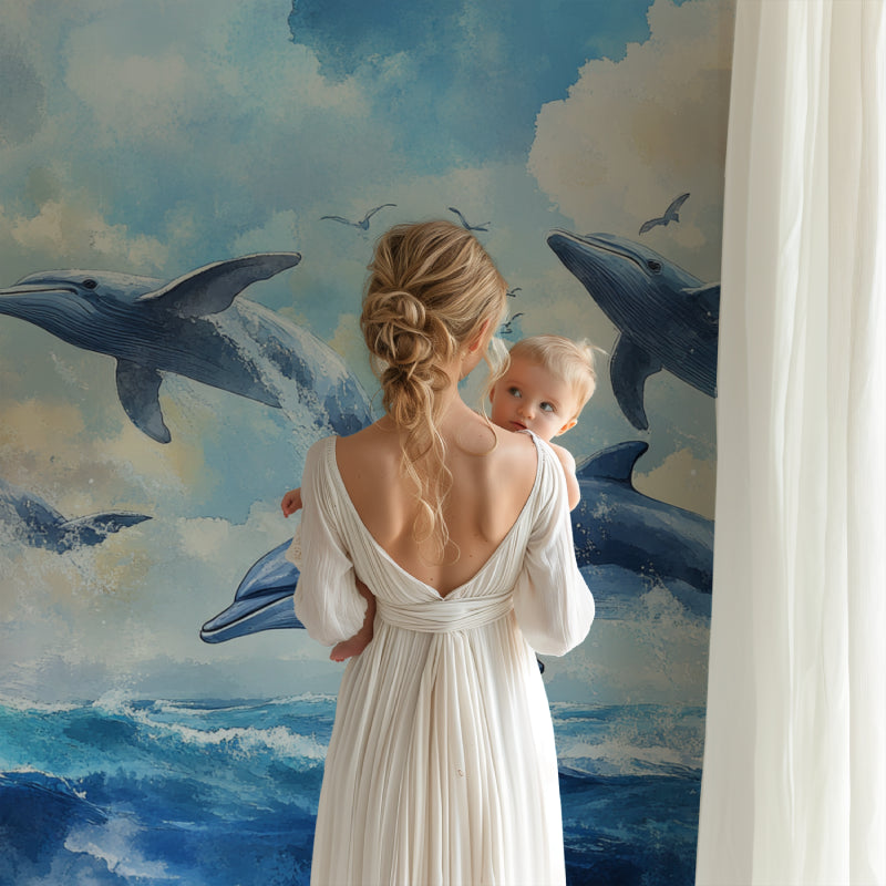 Dolphin wall mural transforming a playroom into an underwater adventure space