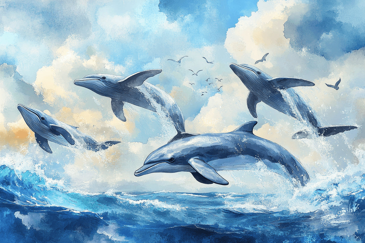 Design file showing detailed dolphin pattern with azure waves and watercolor sky effects