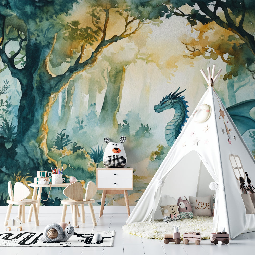 Enchanted forest dragon mural creating depth in playroom setting