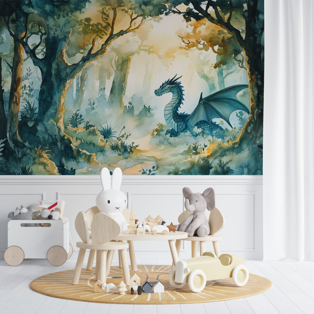 Watercolor dragon wallpaper bringing magic to nursery space