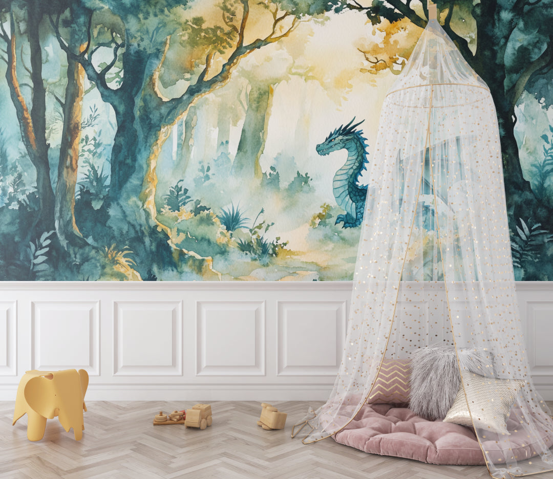 Dragon forest mural showcased in teen bedroom with modern furniture
