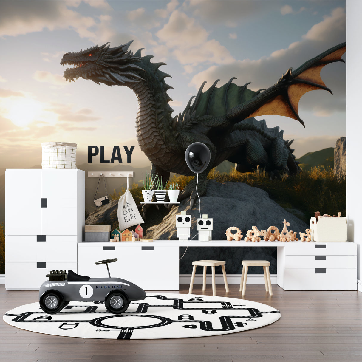 Fantasy dragon mural wallpaper featured in cozy reading nook setting