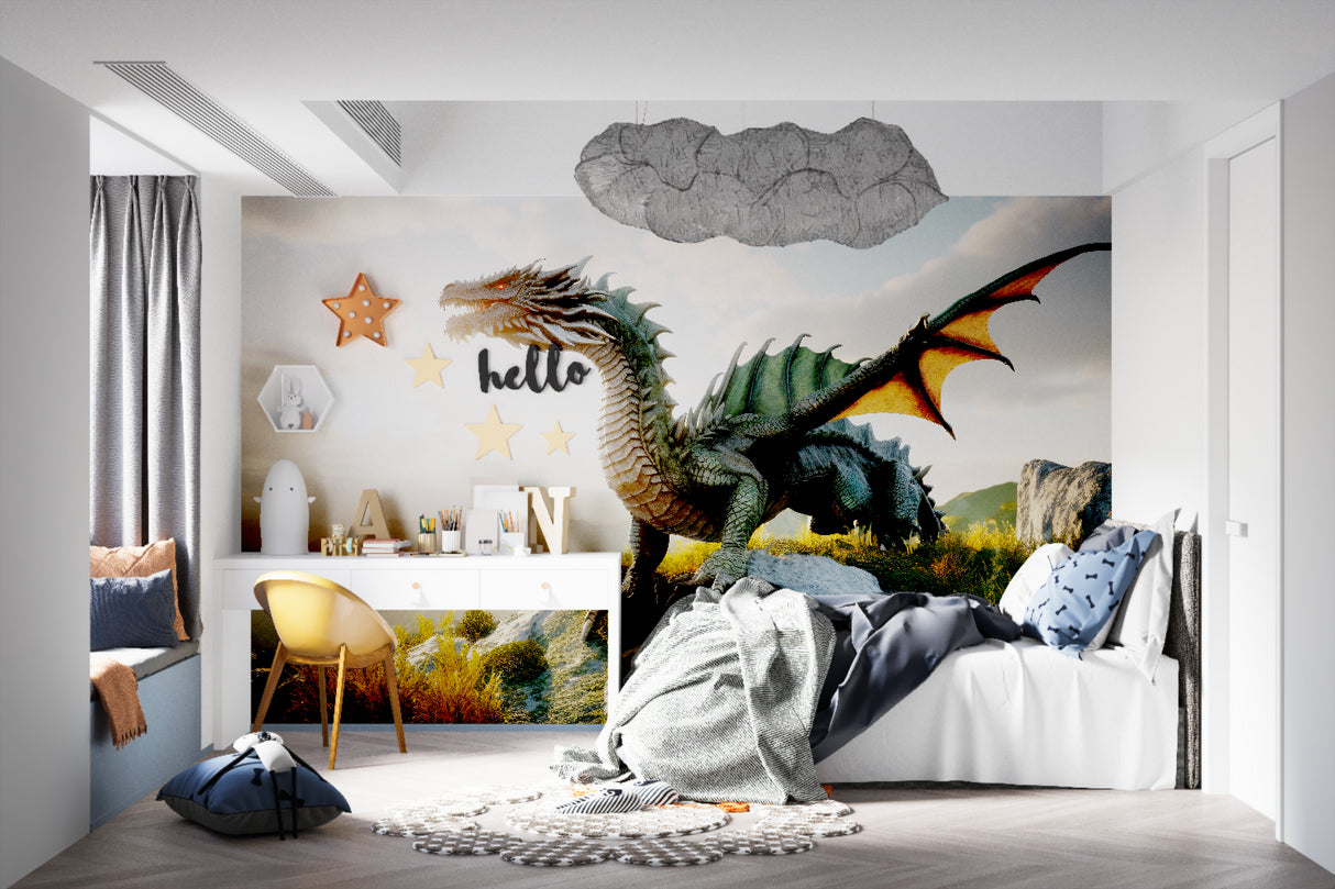 Dragon wall mural transforming modern home office with fantasy theme
