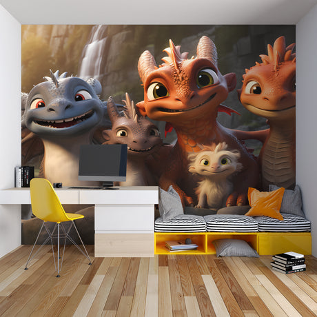 Dragon wallpaper mural in bright kids bedroom showing friendly characters, perfect for storytelling corner