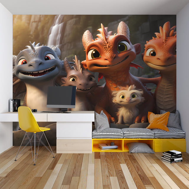 Dragon wallpaper mural in bright kids bedroom showing friendly characters, perfect for storytelling corner