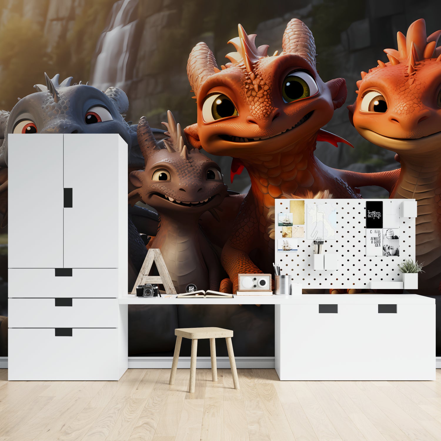 Fantasy dragon mural bringing magic to modern playroom with reading nook