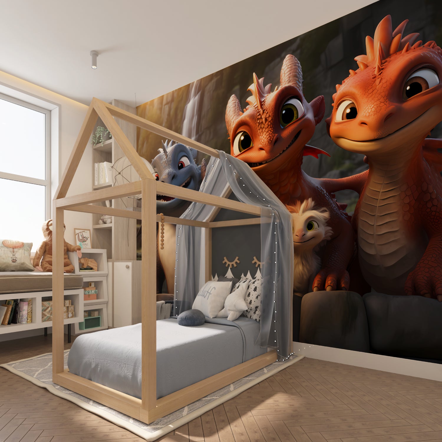 Kids dragon wallpaper creating cozy atmosphere in nursery with soft lighting