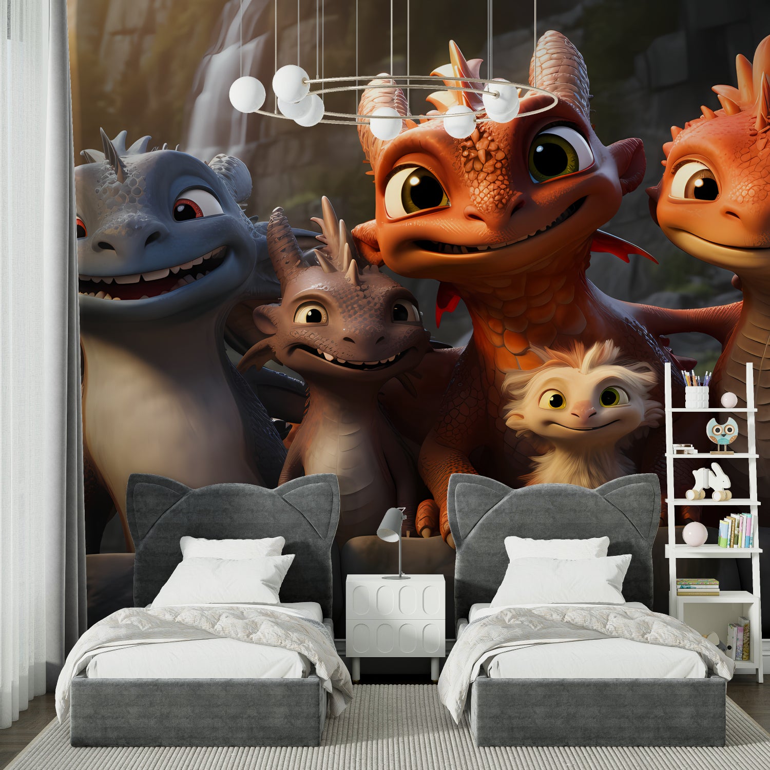 Dragon wall mural showcased in family room with comfortable seating area