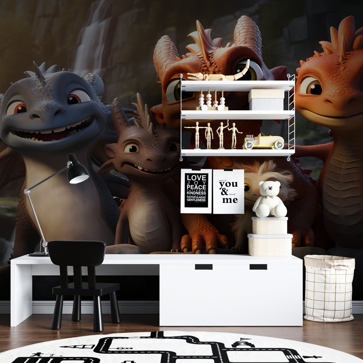 Friendly dragon wallpaper design featured in child's study space